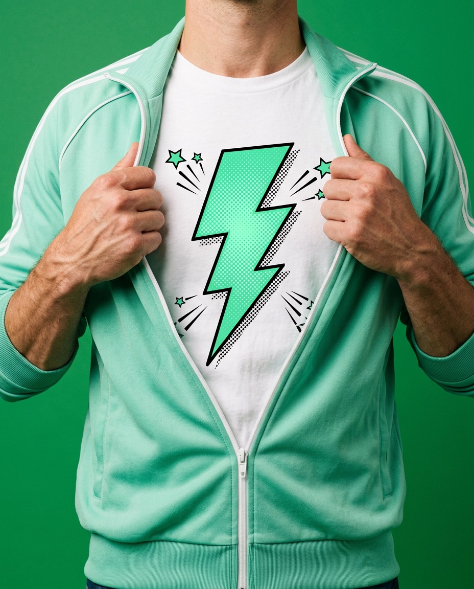 Persoon die een groene jas opent en een T-shirt met de bliksemschicht van Phone Hero laat zien